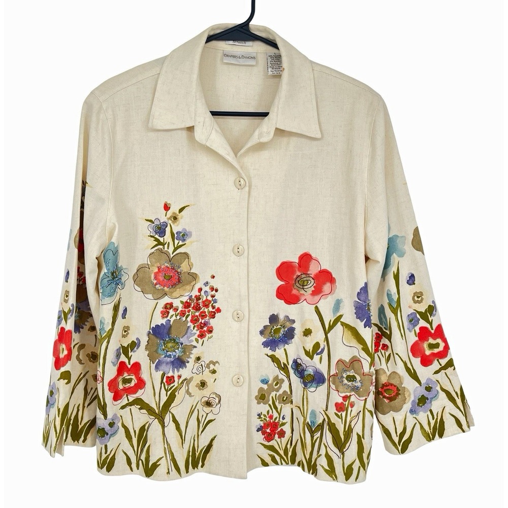 Draper's & Damons Women L Floral Garden Jacket Linen Blend Artsy Cottagecore